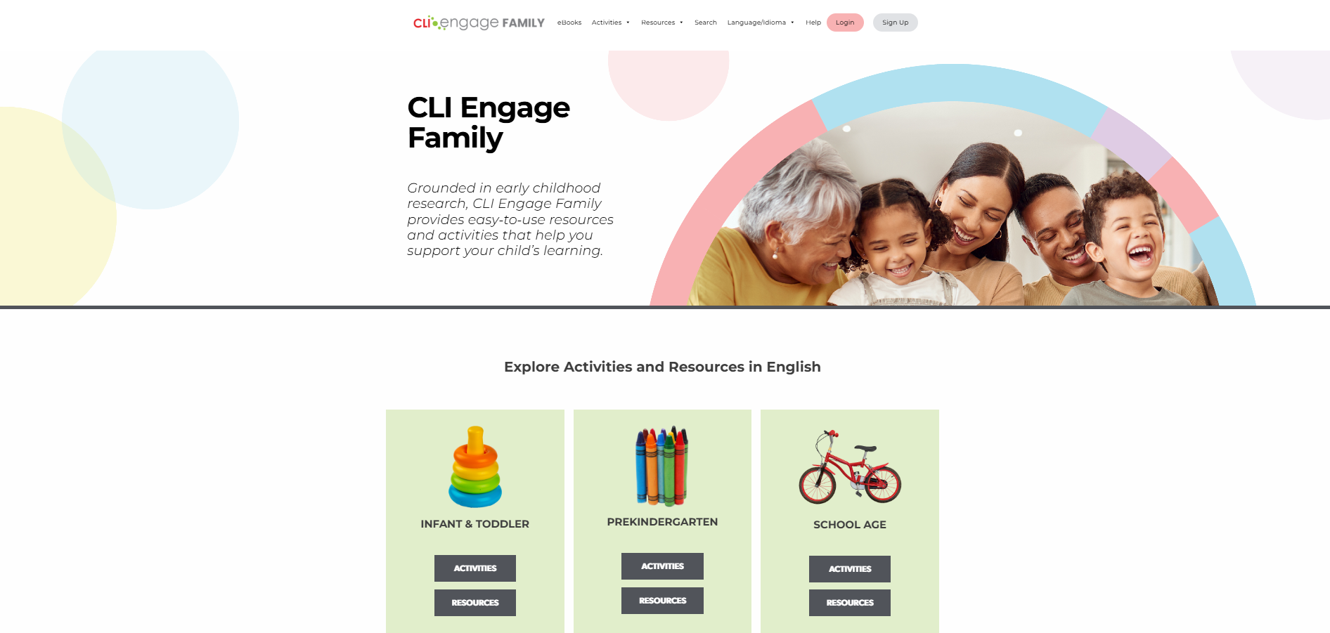 Illustration of a Circle family resources webpage with learning activities for infants, prekindergarten children, and school-age children.