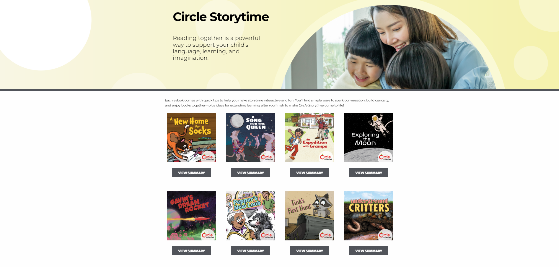 Illustration of a Circle Storytime reading resources webpage featuring children’s eBooks and storytime activities.